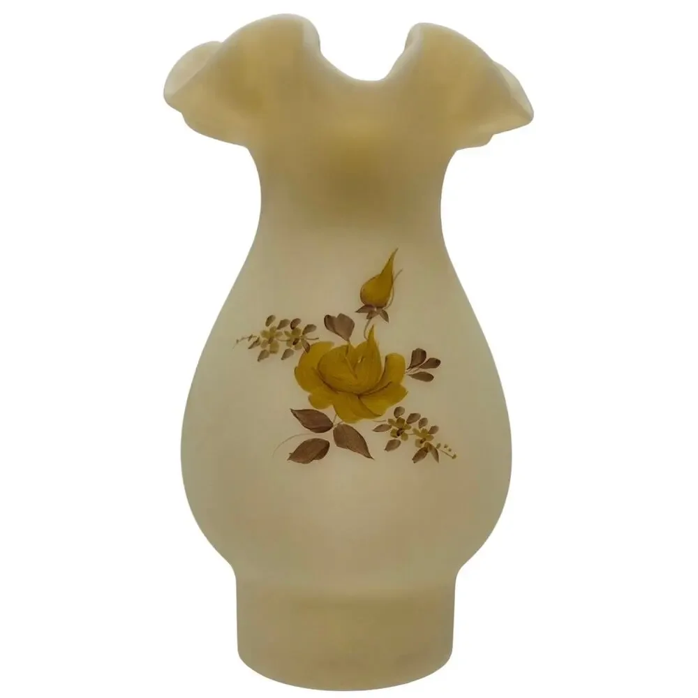 Fenton Glass Signed Globe for Hurricane Lamp Chocolate Roses On Cameo Satin